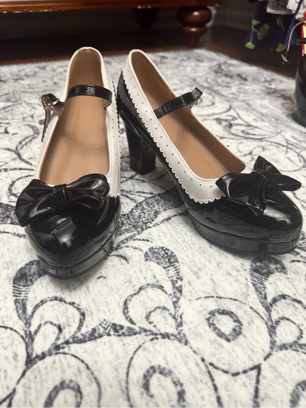Black and White Mary Jane Platform Pumps with Bow